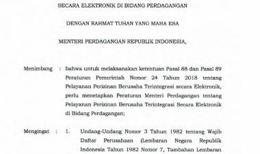 PERATURAN MENTERI PERDAGANGAN REPUBLIK INDONESIA NOMOR 77 TAHUN 2018 TENTANG PELAYANAN PERIZINAN BERUSAHA TERINTEGRASI SECARA ELEKTRONIK DI BIDANG PERDAGANGAN